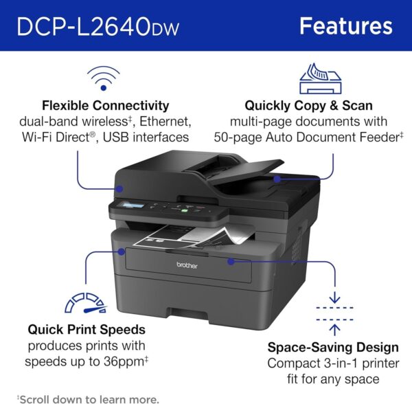 Brother DCP-L2640DW Wireless Compact Monochrome Multi-Function Laser Printer with Copy and Scan, Duplex, Mobile, Black & White | Includes Refresh Subscription Trial(1), Amazon Dash Replenishment Ready - Image 3