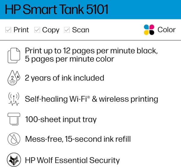 HP Smart Tank 5101 Wireless All-in-One Ink Tank Printer with 2 years of ink included,Print, scan, copy, Best-for-home, Refillable ink tank (1F3Y0A) - Image 2