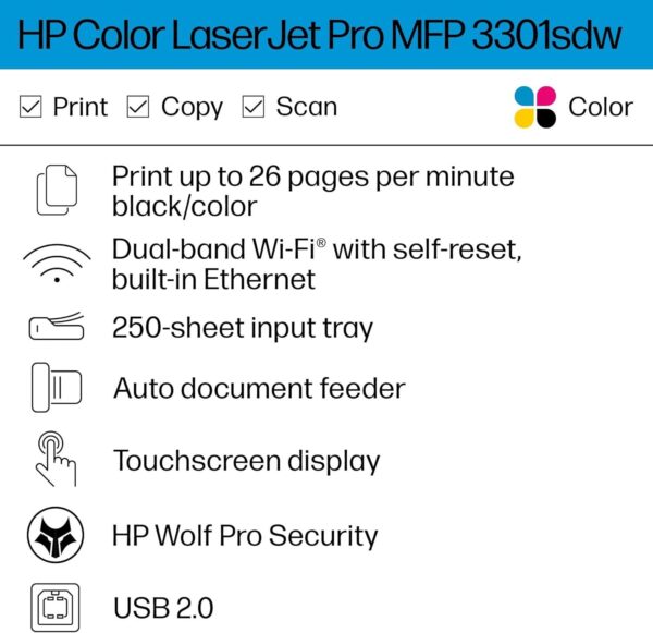 HP Color Laserjet Pro MFP 3301sdw Wireless All-in-One Color Laser Printer, Scanner, Copier, Best for Office (499Q3F) - Image 2