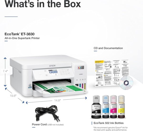 Epson EcoTank ET-3830 Wireless Color All-in-One Cartridge-Free Supertank Printer with Scan, Copy, Auto 2-Sided Printing and Ethernet – The Perfect Printer Productive Families,White - Image 6