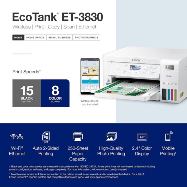 Epson EcoTank ET-3830 Wireless Color All-in-One Cartridge-Free Supertank Printer with Scan, Copy, Auto 2-Sided Printing and Ethernet – The Perfect Printer Productive Families,White - Image 4