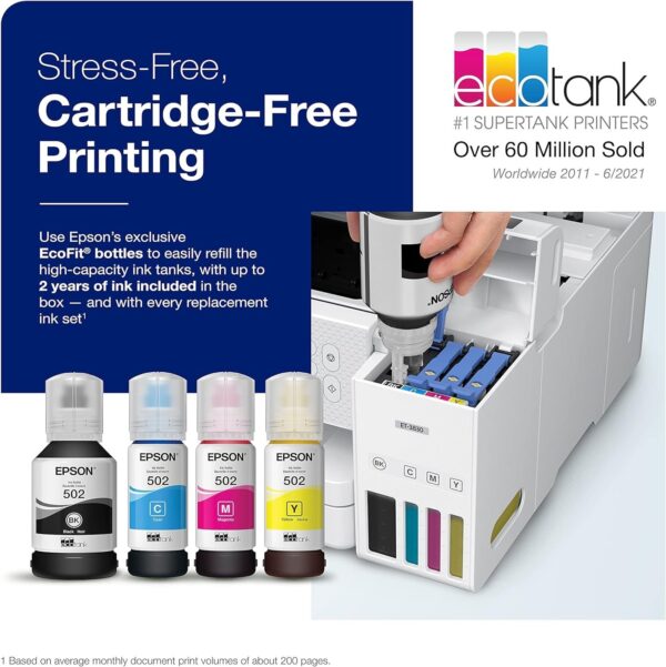 Epson EcoTank ET-3830 Wireless Color All-in-One Cartridge-Free Supertank Printer with Scan, Copy, Auto 2-Sided Printing and Ethernet – The Perfect Printer Productive Families,White - Image 2